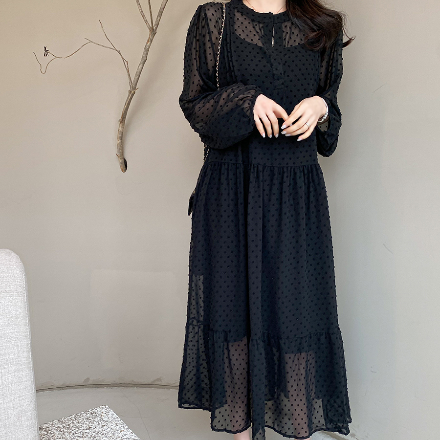 louiosy ルオシー　シアードットワンピース　ブラック　3L 新品タグ付き スリップ付シアードットワンピース | レディースファッション